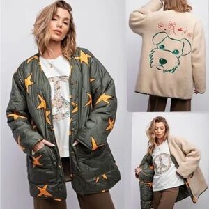 Easel Scribbly Stars Reversible Jacket Quilted Fleece Pockets Dog Schnauzer NWT